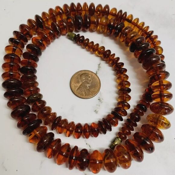 Vtg Carved Natural Baltic  Amber Graduated Disc Bead 38g 24” Necklace Rondelles - Picture 1 of 16